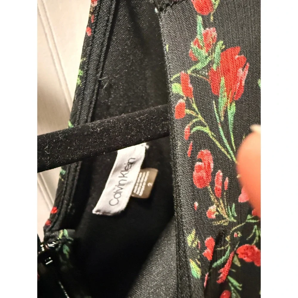 Calvin Klein Floral Puff Sleeve Ruffle Hem Mini Dress Black‎ Red Size 2
